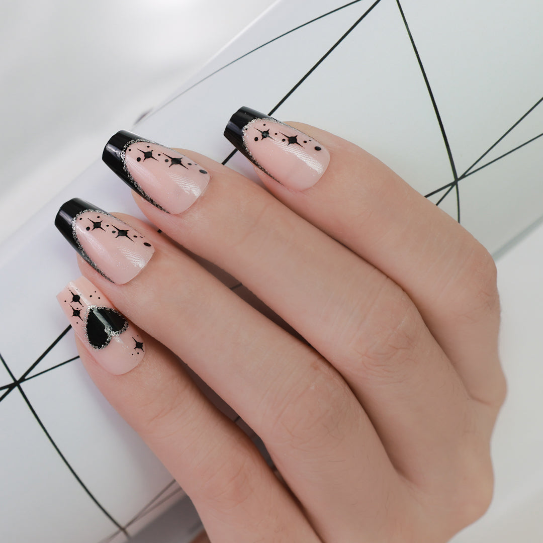 Coffin Black Nails with a Star Shine