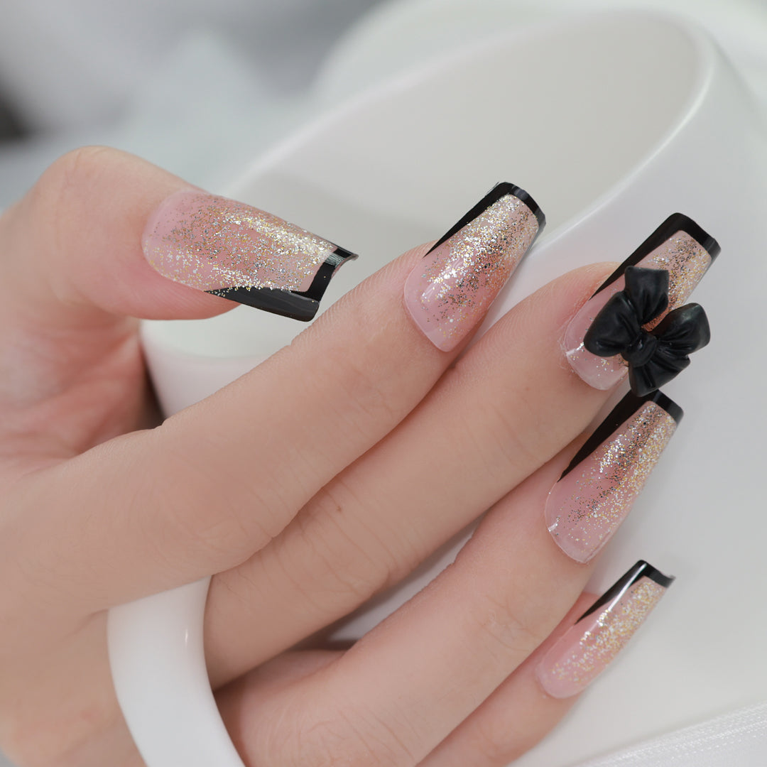 GLITTER NOIR SQUARE SHAPE PRESS ON NAILS