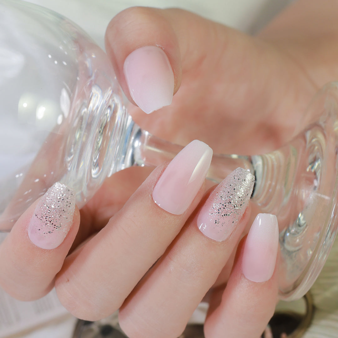 GLITTERY PINK COFFIN SHAPE PRESS ON NAILS