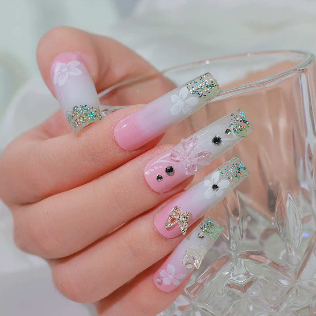 RHINESTONE ROSE SQUARE SHAPE PRESS ON NAILS