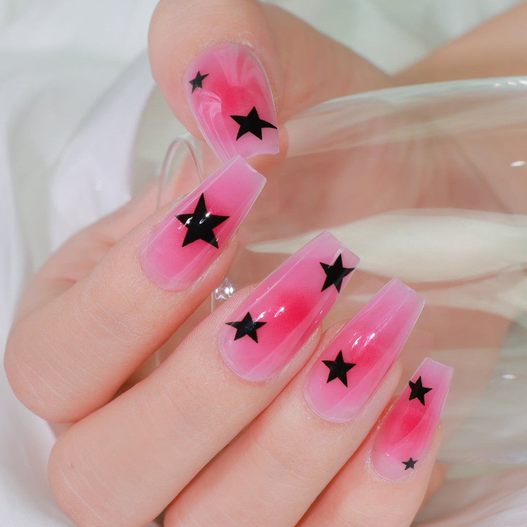 PINK STARDUST COFFIN SHAPE PRESS ON NAILS