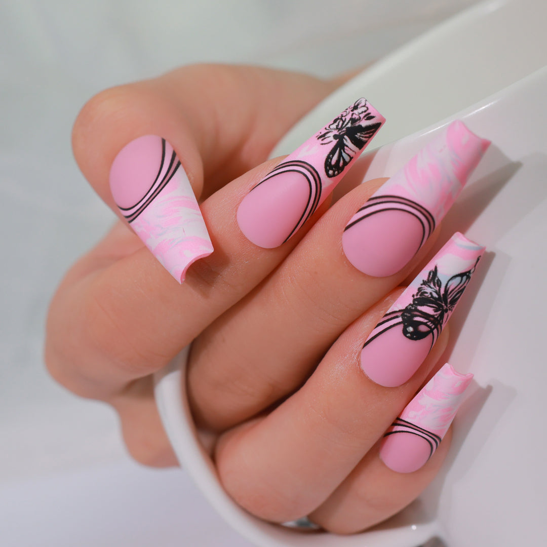 PRETTY IN PINK COFFIN SHAPE PRESS ON NAILS