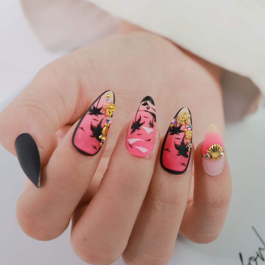 SUNSET PALMS ALMOND SHAPE PRESS ON NAILS