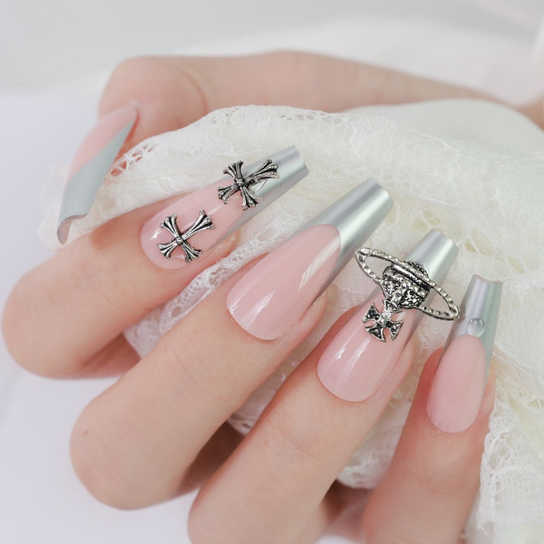 SILVER TOUCH COFFIN SHAPE PRESS ON NAILS