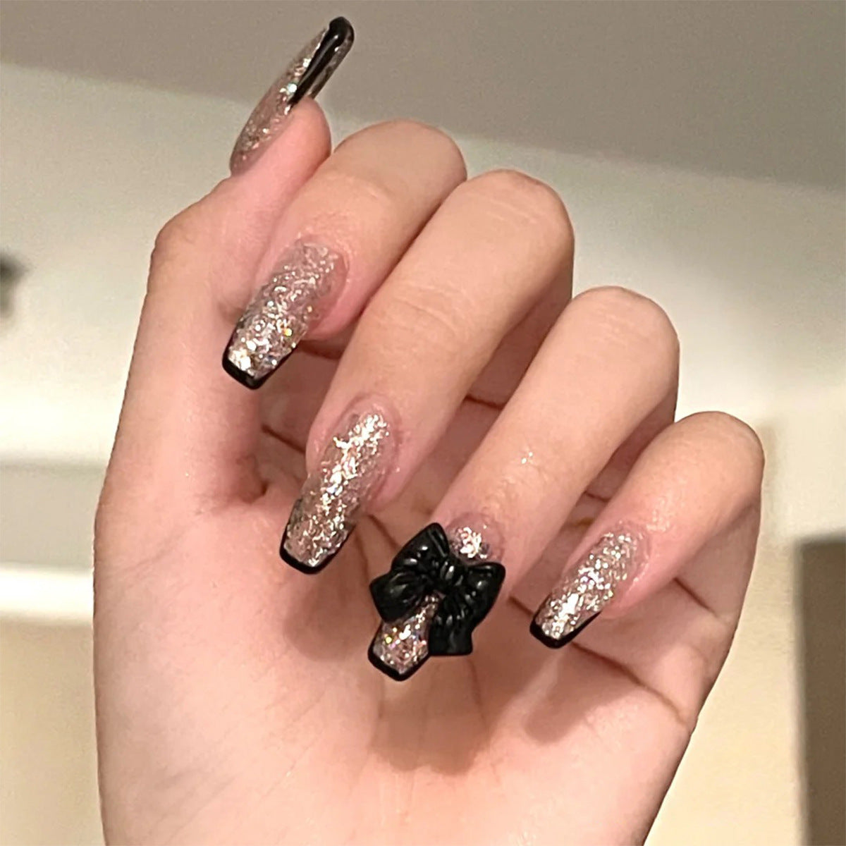 GLITTER NOIR SQUARE SHAPE PRESS ON NAILS