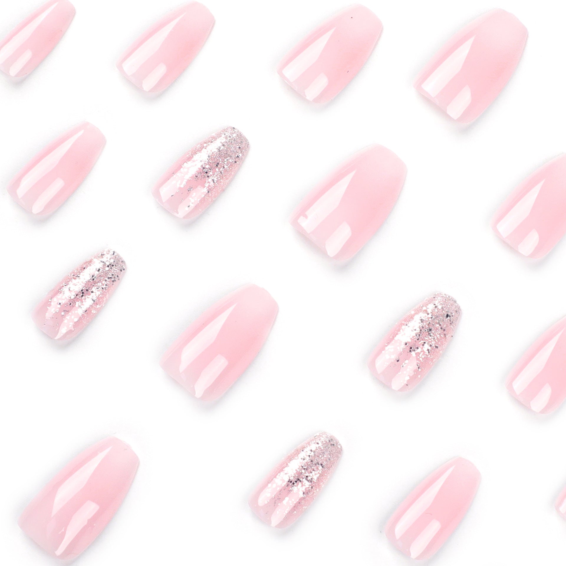 GLITTERY PINK COFFIN SHAPE PRESS ON NAILS