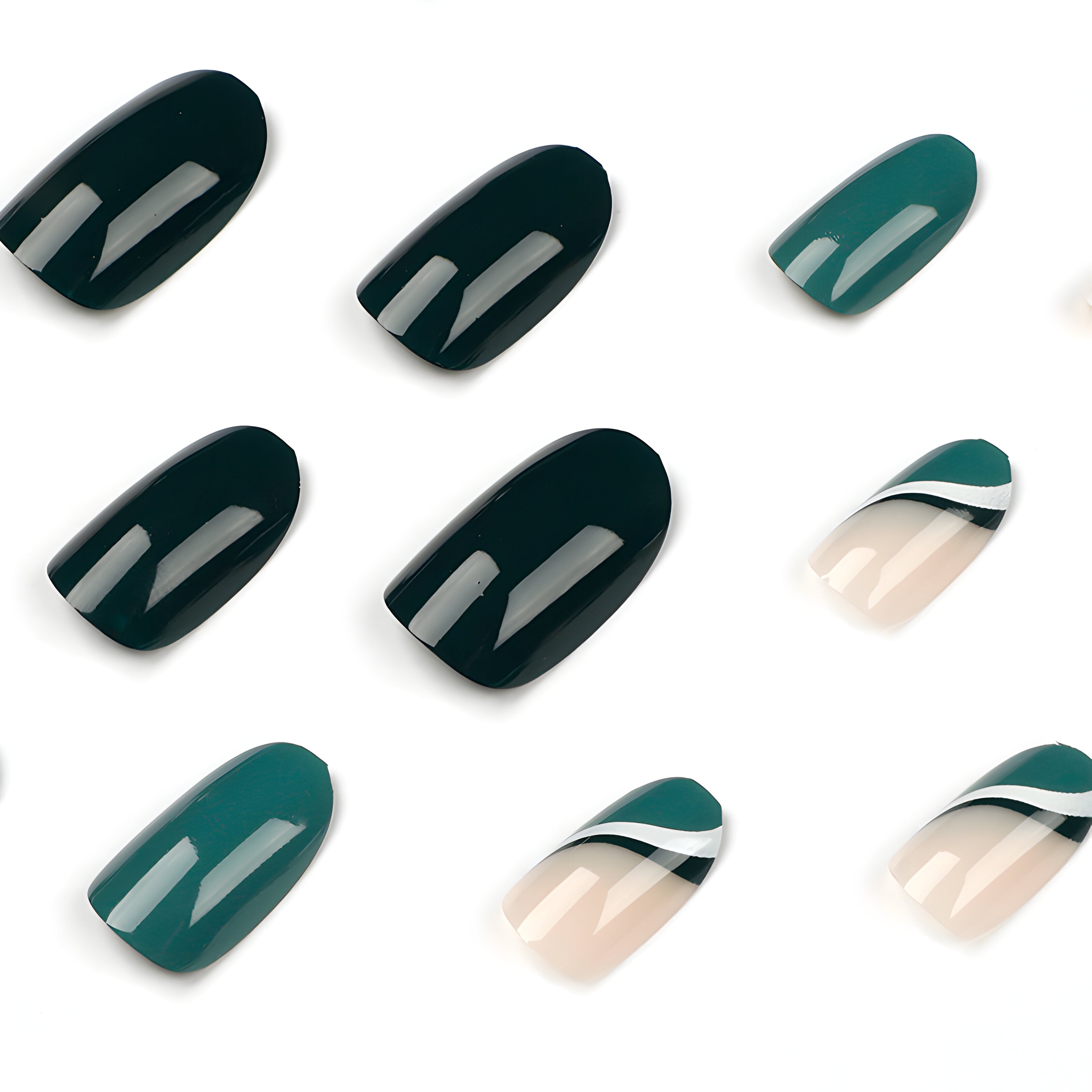 GREEN & WHITE CHIC OVAL SHAPE PRESS ON NAILS