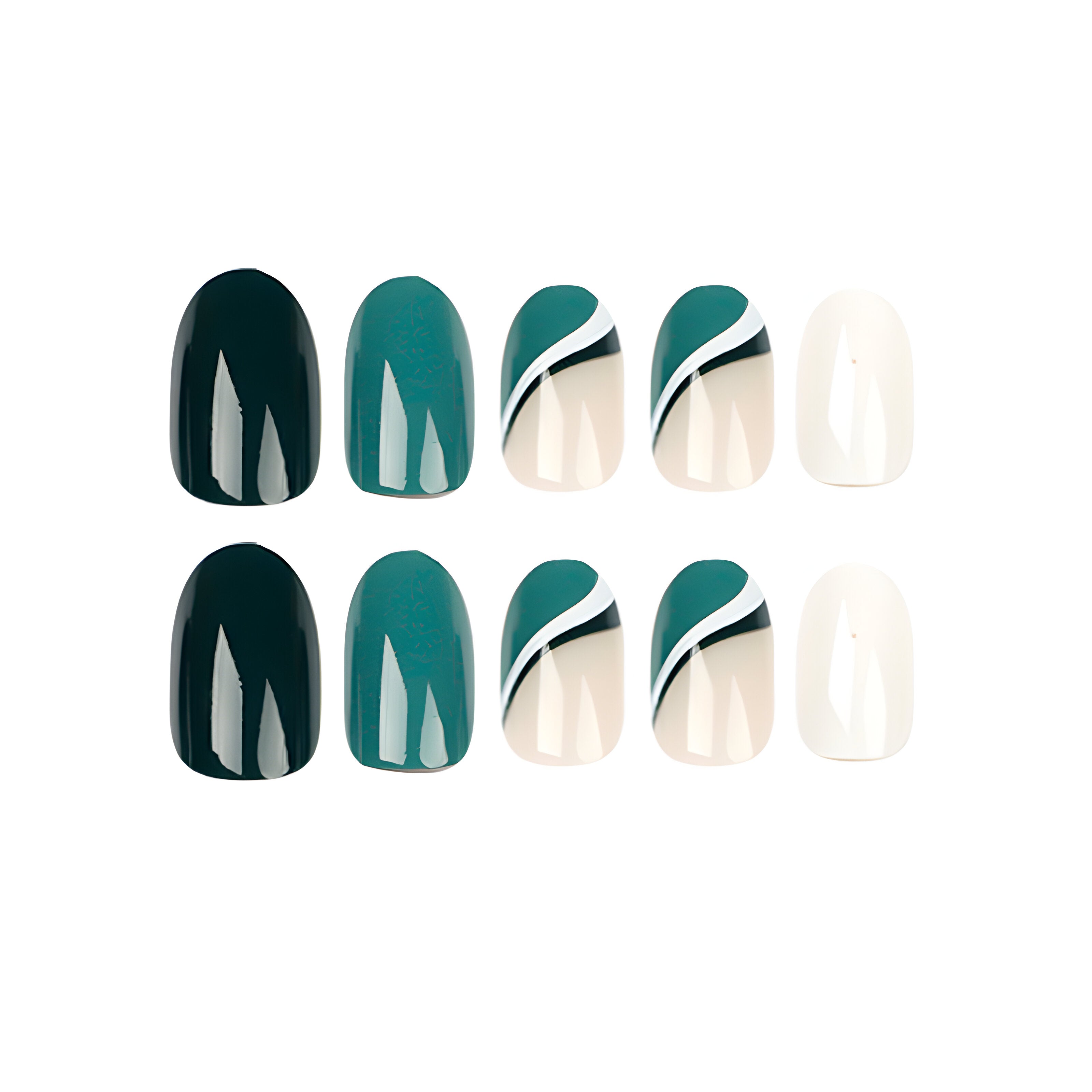 GREEN & WHITE CHIC OVAL SHAPE PRESS ON NAILS