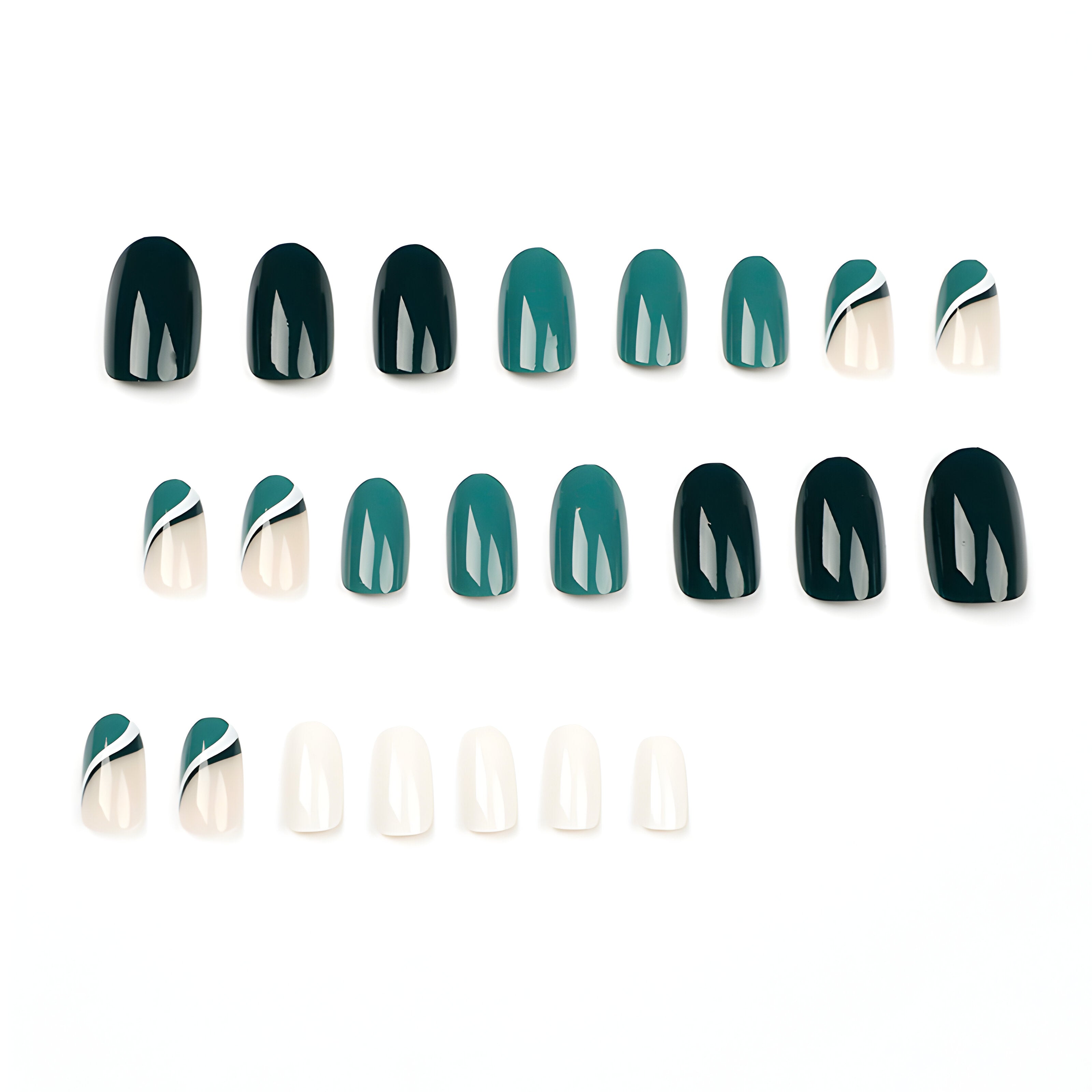 GREEN & WHITE CHIC OVAL SHAPE PRESS ON NAILS